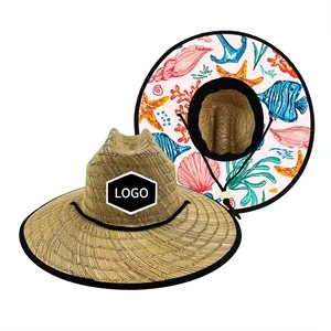 Wide Brim Straw Lifeguard Hat  Full Color Patch & Underneath